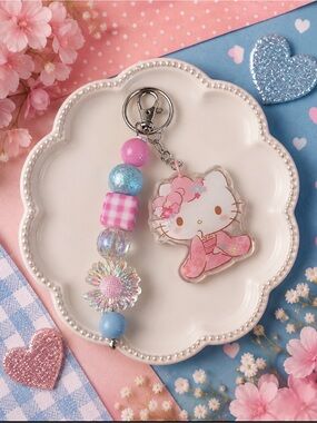 Hand Crafted Pink and Blue Kitty Beaded Keychain
